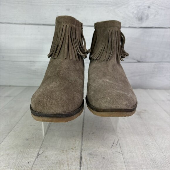 Lucky Brand GALLEY Taupe Leather Suede Low Heel Fringe Zip Ankle Boots Sz 8.5 M - Picture 4 of 16